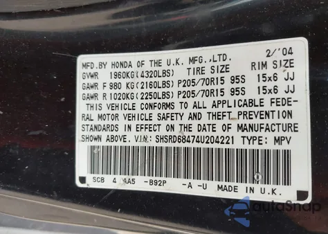 2004 Honda Cr-V Lx from USA, damaged, VIN SHSRD68474U204221